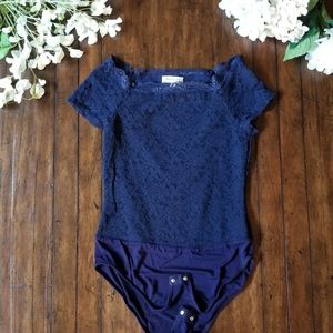 MONTEAU | Navy Royal Blue Lace Cap Sleeve BodySuit